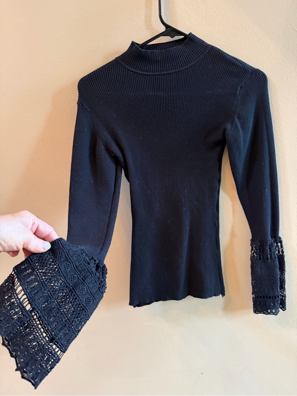 Who What Wear Black Mock Neck Ribbed Top with Crochet Bell Sleeves